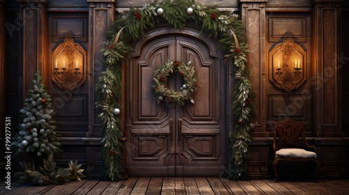 Elegant holiday scene with a handmade rustic wreath on a detailed  carved wooden door  portrait orientation for festive ambiance