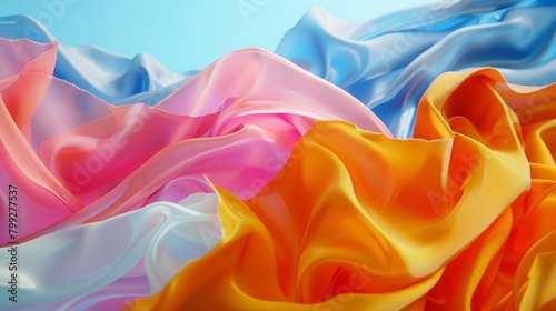Dynamic scene of fabric in bold colors waving in the breeze, presented in a cinematic 16:9 widescreen view