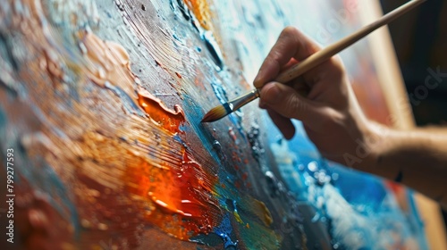 A closeup of an artists hand holding a paintbrush, painting on canvas with vibrant colors with thick texture