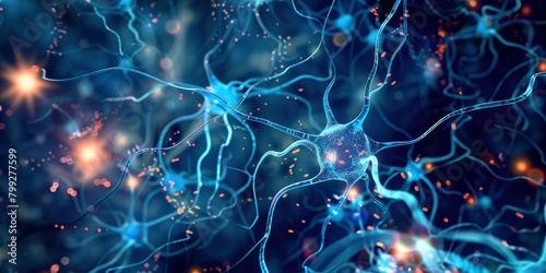 A closeup view of neurons in the brain, with glowing connections between them