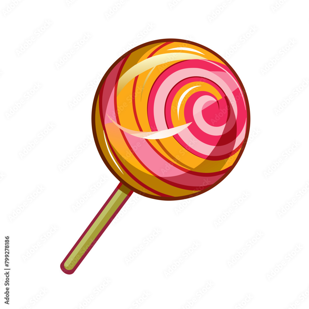 Pink, white and yellow spiral lollipop icon. Strawberry round lollipop icon isolated on white background Pink, white and yellow spiral lollipop icon. Strawberry round lollipop icon isolated on white background