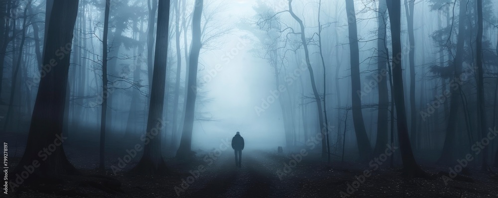 A lone figure standing in the middle of foggy dark forest with tall trees and ominous shadows.