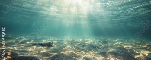 Underwater view of the clear  sandy ocean floor with sunlight filtering through the water.