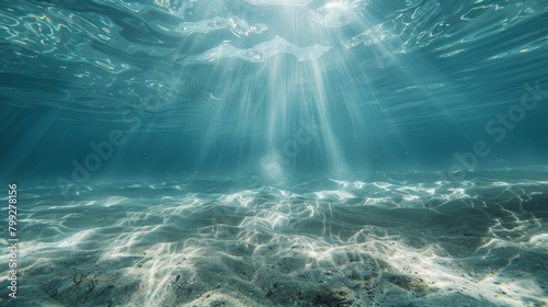 Underwater view of the clear, sandy ocean floor with sunlight filtering through the water.