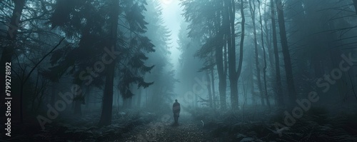 A lone figure standing in the middle of foggy dark forest with tall trees and ominous shadows.