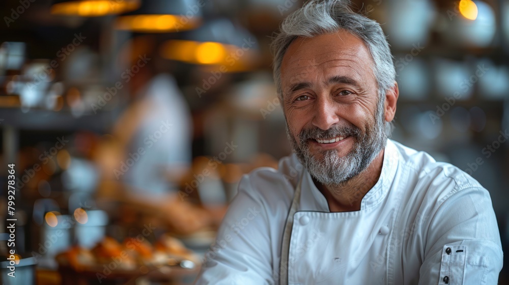 Photo portrait of a smiley chef with kitchen in background Photo portrait of a smiley chef with kitchen in background
