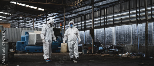 Workers in protective suits inspect chemicals in an old factory, safeguarding against hazards and contamination. This is part of an emergency response to a radioactive accident.