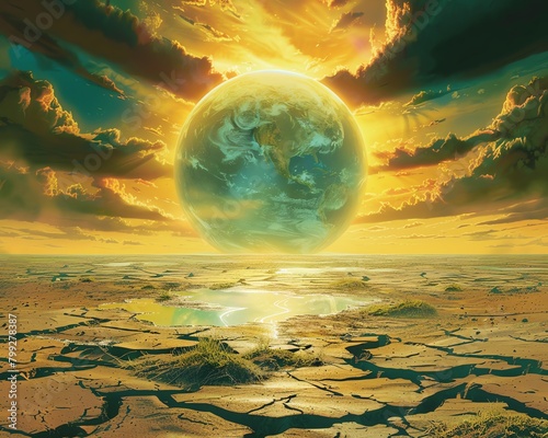 Surreal landscape, Earth under a magnified sun, ground cracked and dry, mirage of water in the distance photo