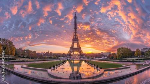 A panoramic view of the Eiffel Tower at sunrise, with pastel pink and orange clouds in the sky, reflecting on water below.