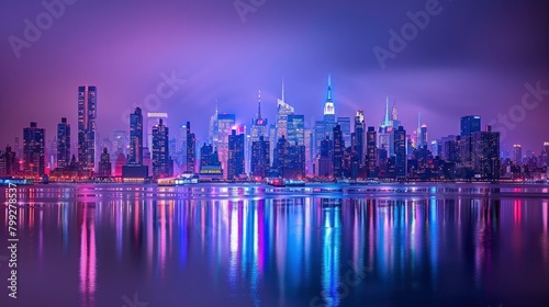 An overview of the city skyline at night, when buildings glow up and reflected in the water, giving a beautiful urban scene.