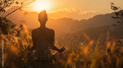 The picture of the young or adult female human doing the yoga pose for relaxation or meditating the mind in the middle of the nature under the bright sun in the daytime of a dawn or dusk day. AIGX03.