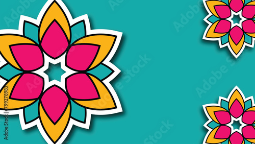  Decorative flower mandala background with place for text. Pink, yellow, blue colors. Vector color illustration. (ID: 799278983)