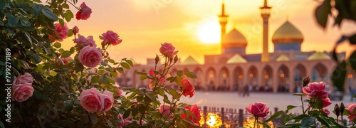 A serene sunrise over the sacred mosque of Karbala, with pink roses in full bloom and golden domes glowing under soft morning light photo