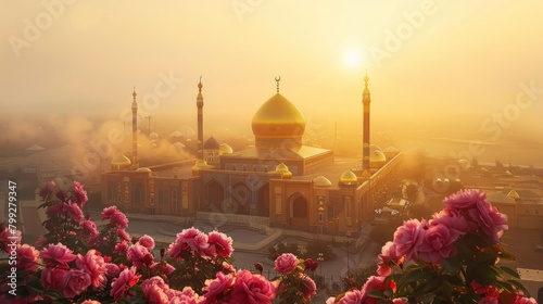 A serene sunrise over the sacred mosque of Karbala, with pink roses in full bloom and golden domes glowing under soft morning light