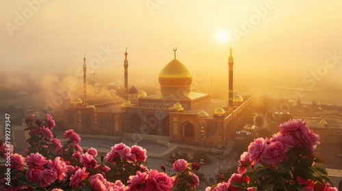 A serene sunrise over the sacred mosque of Karbala, with pink roses in full bloom and golden domes glowing under soft morning light photo