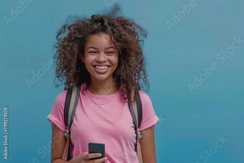 Student and black woman with backpack, phone, and tech on blue background. Happy female, rucksack, and young person using social media, educational software, or online reading.