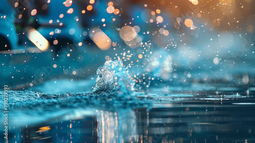 Rowing regatta with azure particles shimmering against a blurred backdrop, reflecting the precision and teamwork of rowers gliding across the water.