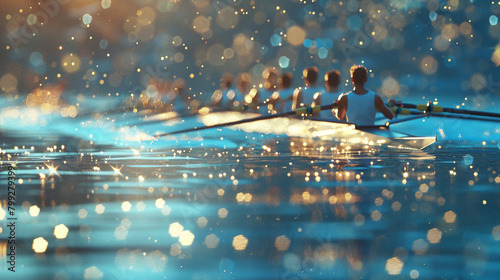 Rowing regatta with azure particles shimmering against a blurred backdrop, reflecting the precision and teamwork of rowers gliding across the water.