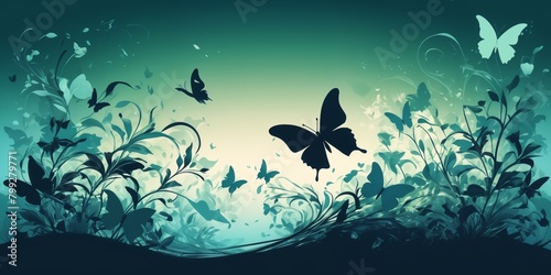 blue and green background with a tree and butterflies. The tree has a swirl design and the butterflies are in various sizes and stages of flight.
