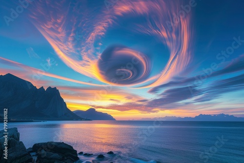 Beautiful surreal image of colorful spiral clouds in the sky, mountains and sea at sunrise