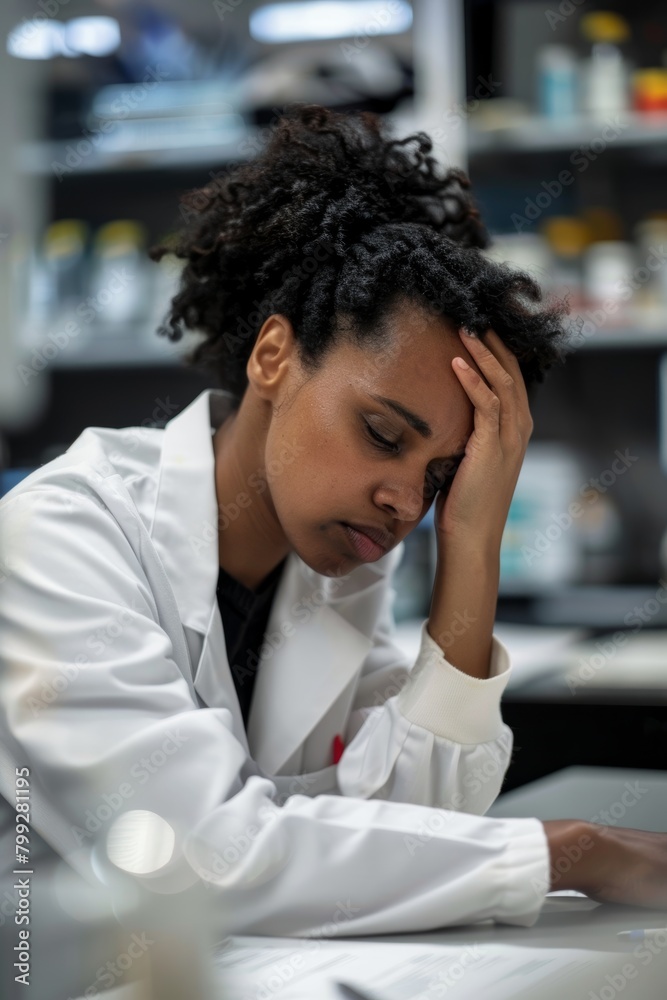Obraz premium A stressed black woman or scientist with a lab burnout headache and migraine. Tired, dissatisfied, or exhausted African doctor doing science research with tension