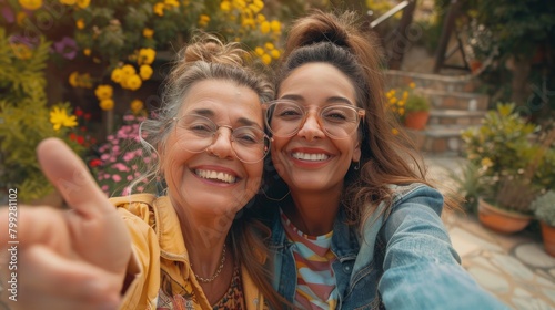 Mother s Day selfie or Mother s Day snapshot in nature for memories  support  or affection. Social media  photos  or face of mom with happy daughter in park on family vacation