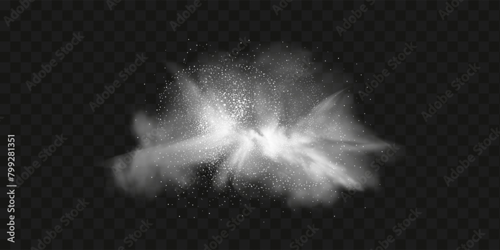 A realistic set of white clouds of flour, sugar, washing powder. An explosion of snow dust in the air. A splash of ice crystals in a white blizzard cloud.
