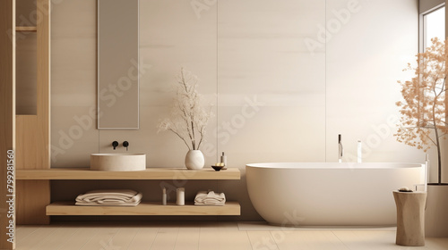 Minimalist bathroom design with a Scandinavian-Japanese fusion aesthetic.