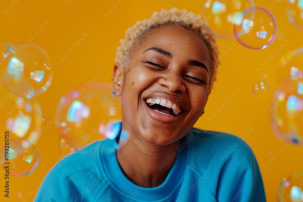 Black woman studio portrait with soap bubbles for student happiness or beauty on yellow background. Girl, model, or fashion with eager face, cosmetics, or Gen Z aesthetic with confidence Black woman studio portrait with soap bubbles for student happiness or beauty on yellow background. Girl, model, or fashion with eager face, cosmetics, or Gen Z aesthetic with confidence
