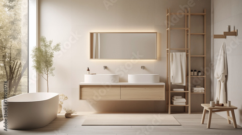 Minimalist bathroom design with a Scandinavian-Japanese fusion aesthetic.