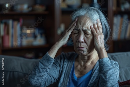 Senior woman with headaches, stress, sadness, burnout, and anxiety on sofa at home. Female mental health anxiety and depression or life problem frustration photo