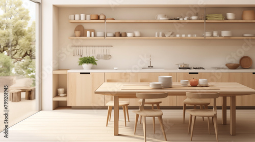 Minimalist kitchen design with a Scandinavian-Japanese fusion aesthetic.