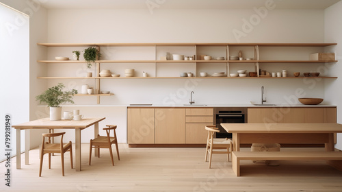 Minimalist kitchen design with a Scandinavian-Japanese fusion aesthetic.