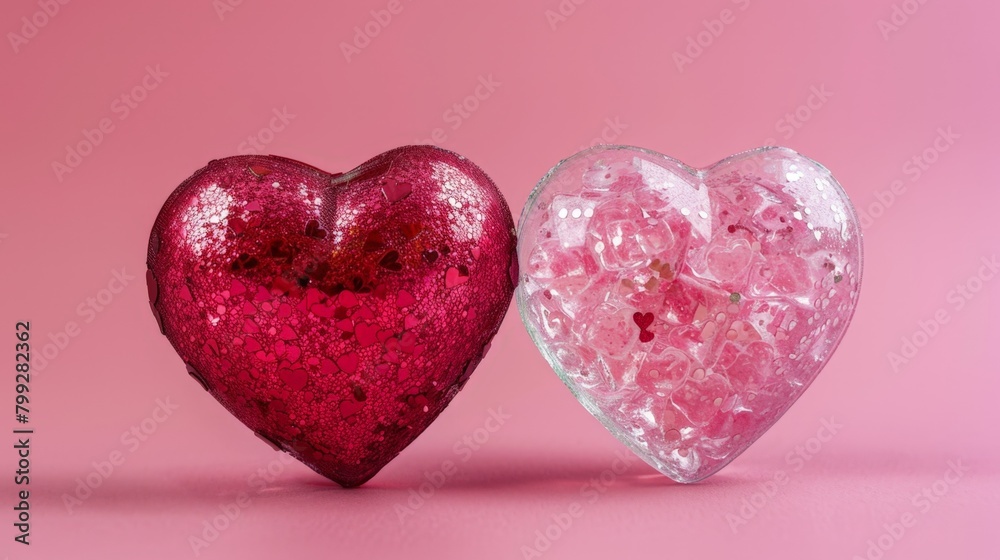 Two heart-shaped ice cubes on pink background