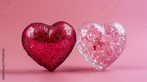 Two heart-shaped ice cubes on pink background