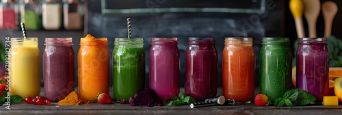 Variety of Vibrant, Healthful Smoothies with Fresh Ingredients
