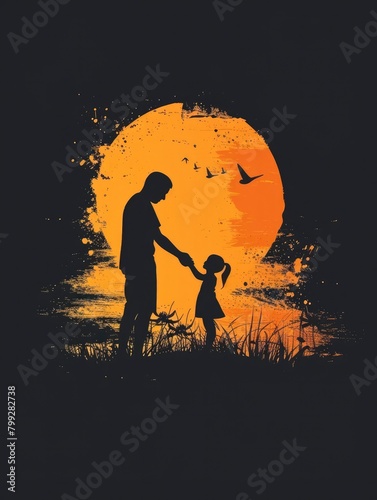 symbol of a father and daughter playing in silhouettes with an orange sun in the backdrop