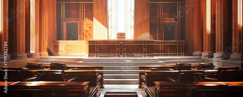 A formal courtroom setting, complete with a judge s bench, witness stand, and seating for the jury and public, representing the judicial process photo