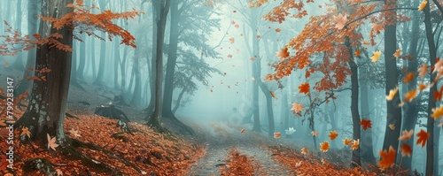 Mystical forest with autumn dry leaves and fog
