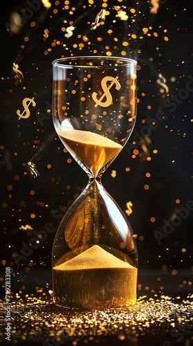 An artistic representation of a golden hourglass with sand forming dollar signs as it falls, depicting timesensitive financial solutions in business photo