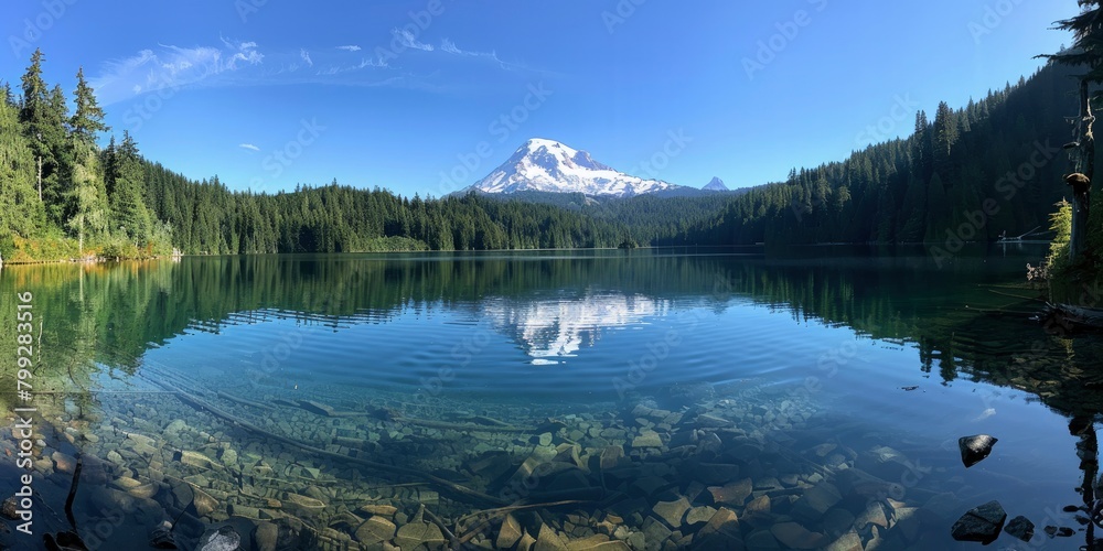 panoramic view of a lake and mountain with a snow capped peak reflected in clear blue water, and a thick forest on one side