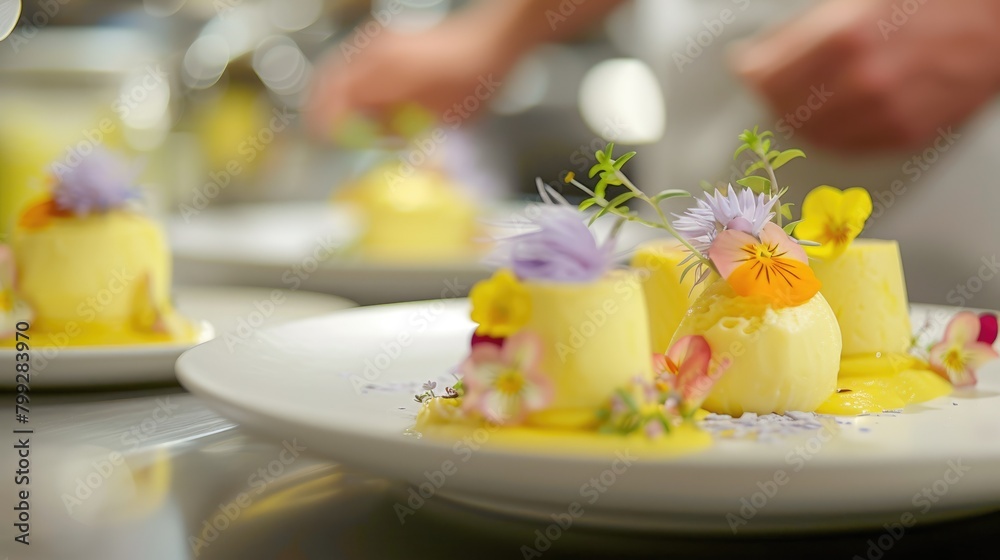 Close up of skilled chef decorating cake or dessert with edible flower. Professional baker hand making a cake with colorful flower and garnishing the dish with blurring background at kitchen. AIG42.