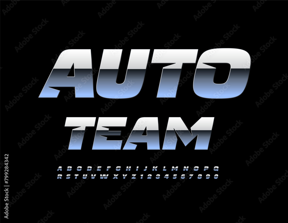 Vector industrial icon Auto Team. Silver reflective Font. Stainless Steel Alphabet Letters and Numbers set.