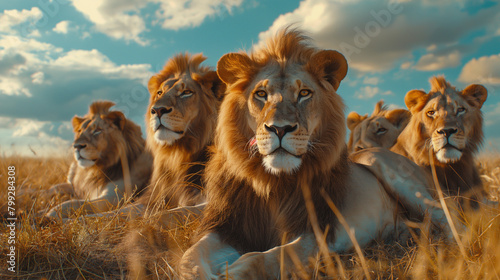 Panoramic Shot of a Pride of Five Lions Resting in the Savannah AI Generation
 photo