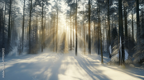Panoramic Shot of a Snowy Forest with Sunlight Streaming Through the Trees AI Generation