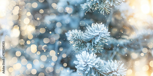 frost-covered pine branches with sparkling bokeh lights