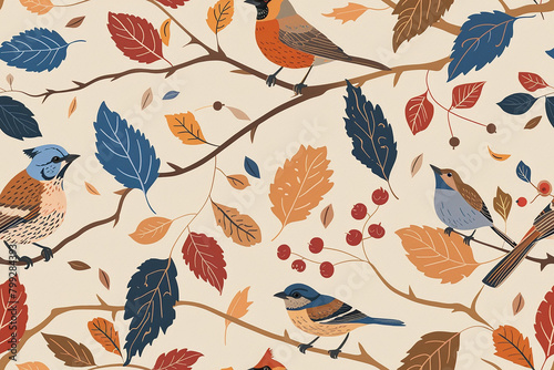 autumn birds and leaves pattern on a cream background