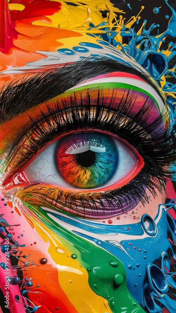 This image features a close-up, artistic representation of a human eye. It vividly depicts rainbow colors and abstract patterns surrounding the iris, complemented by black eyelashes for contrast....