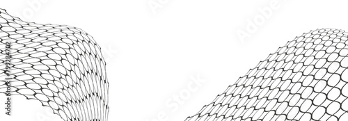 Illustration of a black fishing or football net.Checkered wavy background in doodle style.