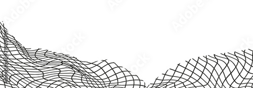 Illustration of a black fishing or football net.Checkered wavy background in doodle style.